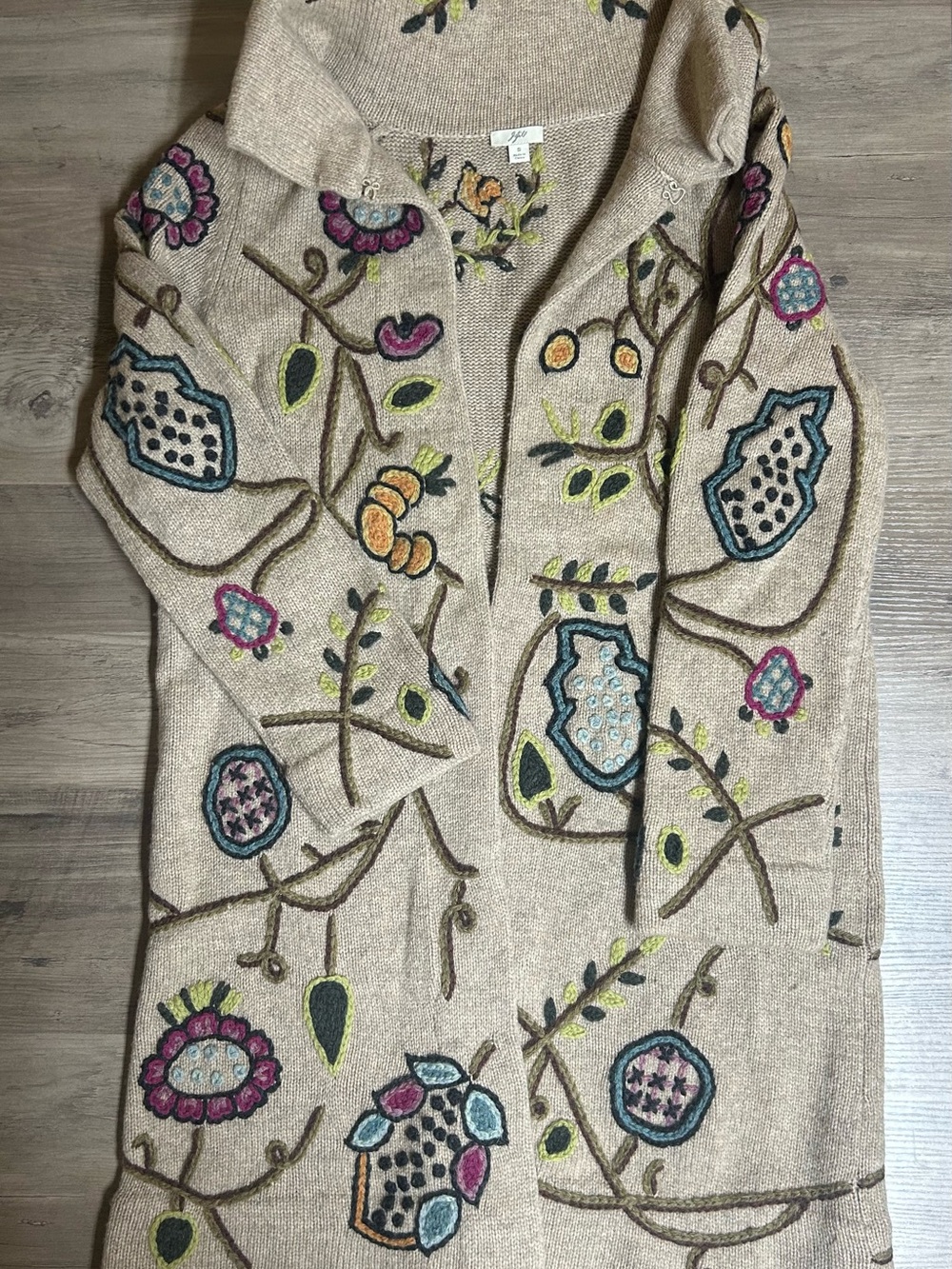 J. Jill Beige Embroidered Floral Cardigan Sweater